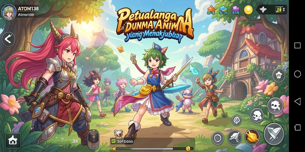 Screenshot gameplay ATOM138 dengan karakter anime yang dinamis dan aksi seru.