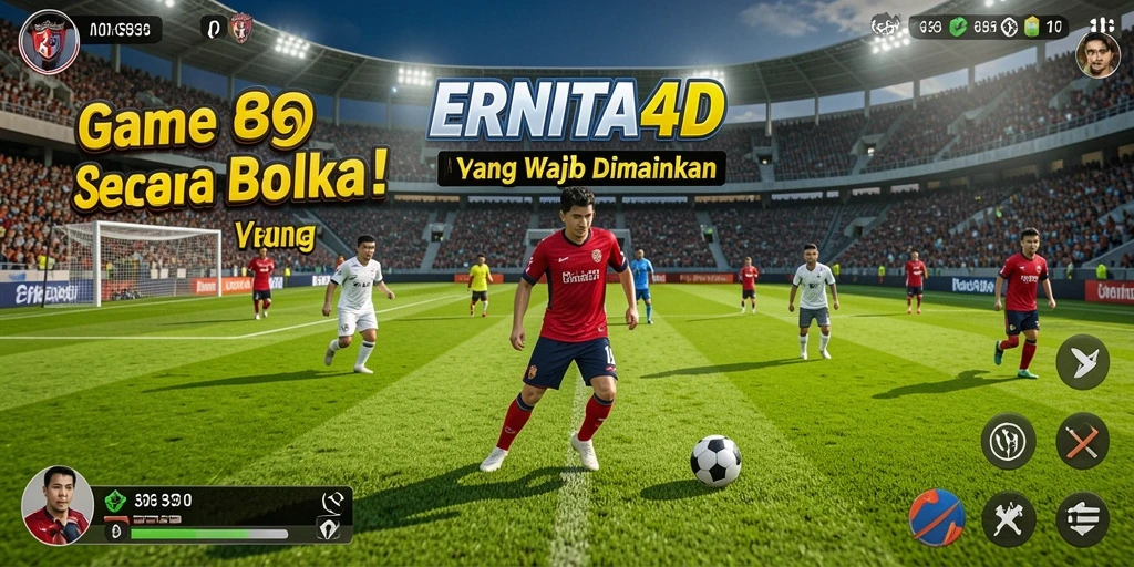 Tangkapan layar dari gameplay ERNITA4D yang menampilkan aksi pertandingan sepak bola.