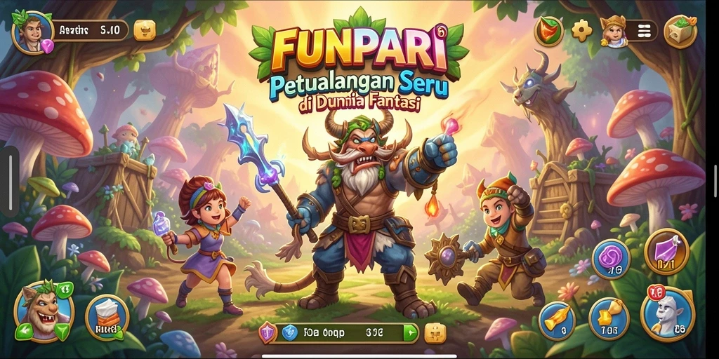 Screenshot utama FUNPARI menampilkan karakter utama berpetualang di hutan ajaib.