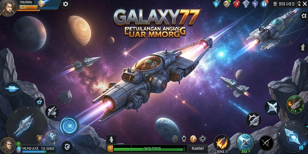 Screenshot gameplay GALAXY77 yang menampilkan aksi pertempuran luar angkasa.