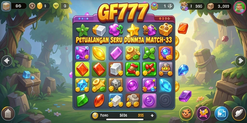 Tangkapan layar gameplay GF777 menampilkan simbol warna-warni yang sedang dicocokkan.