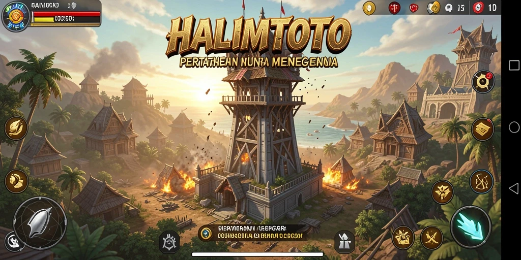 Tangkapan layar gameplay menampilkan menara dan serangan musuh di HALIMTOTO.