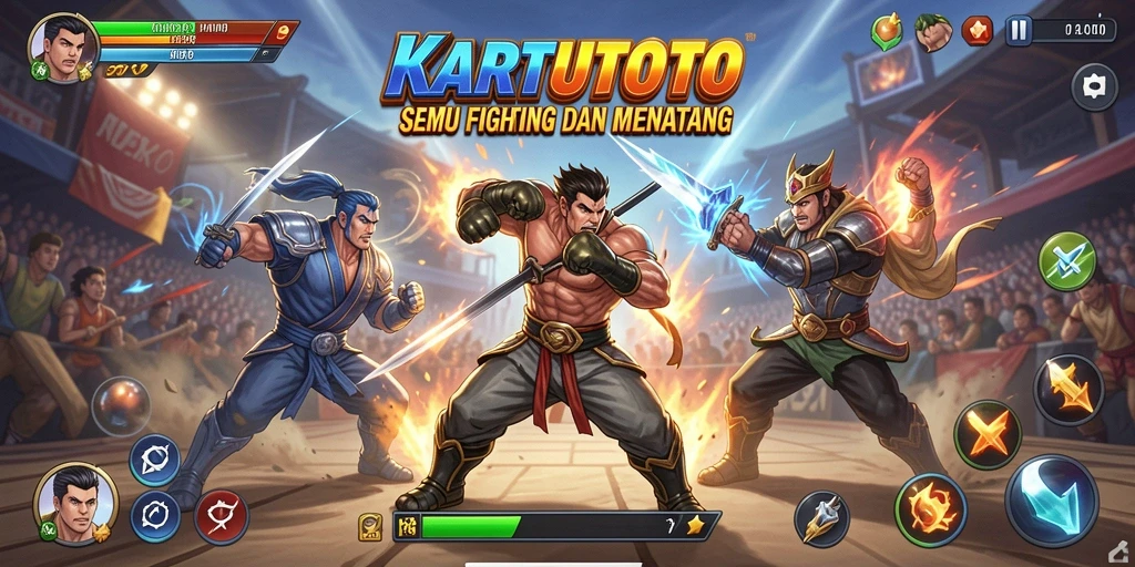 Tampilan gameplay KARTUTOTO dengan karakter Fighting yang beraksi.
