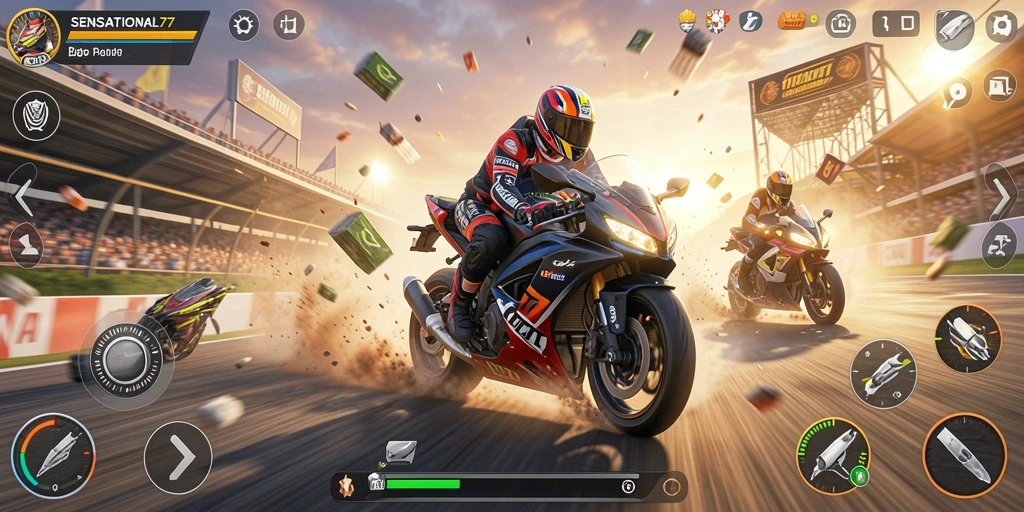 Screenshot gameplay SENSATIONAL77 menampilkan aksi balapan motor yang mendebarkan.